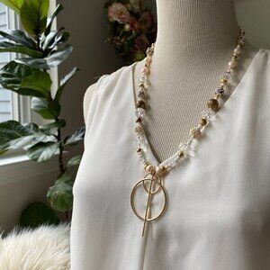 Bohemian Beaded Collection Necklace with Gold Geometric Circular Pendant